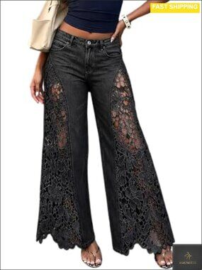 Lace Embroidered Wide Leg Jeans Floral Patchwork High Waist Denim